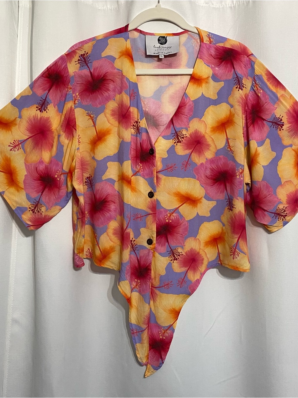 Lexbreezy Hawaii Women's Hibiscus Floral Tie Front Cropped Blouse Pink Sz XL